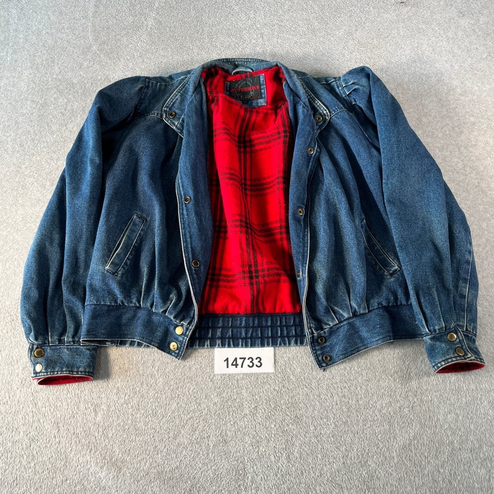 Outerbliss Denim Jacket Womens L Blue Good Vintage Plaid Lined Puffy Shoulder